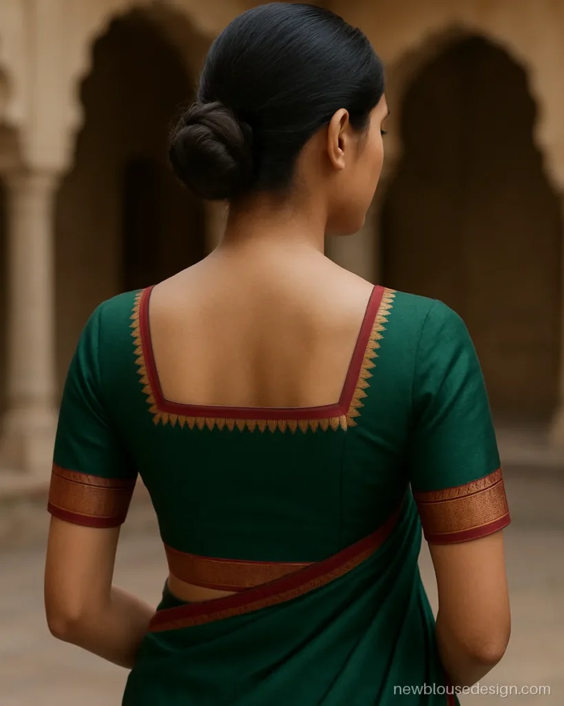 Green kathpadar blouse back with square neck and temple points facing inward