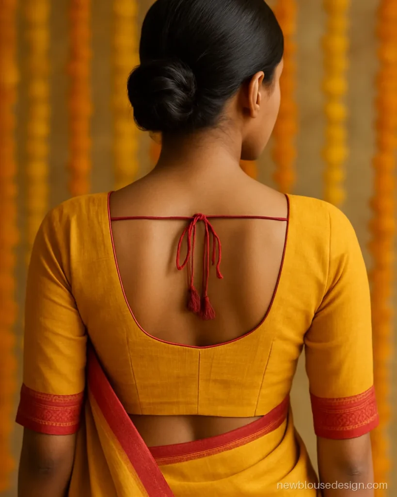 Mustard kathpadar blouse back with deep U, border edge and red dori