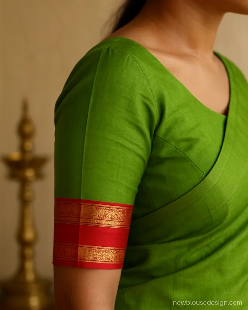 Green kathpadar silk blouse sleeve with two narrow border bands above the hem