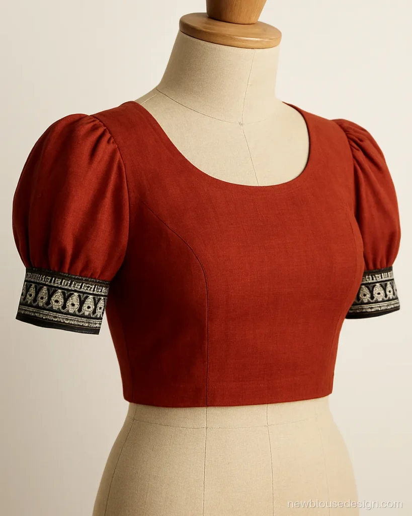 Red kathpadar cotton blouse with short puff sleeve and border cuff