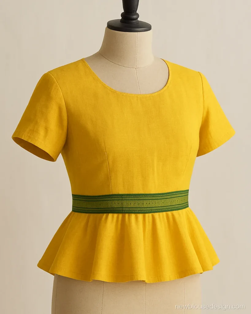 Yellow kathpadar blouse with short border peplum at the waist