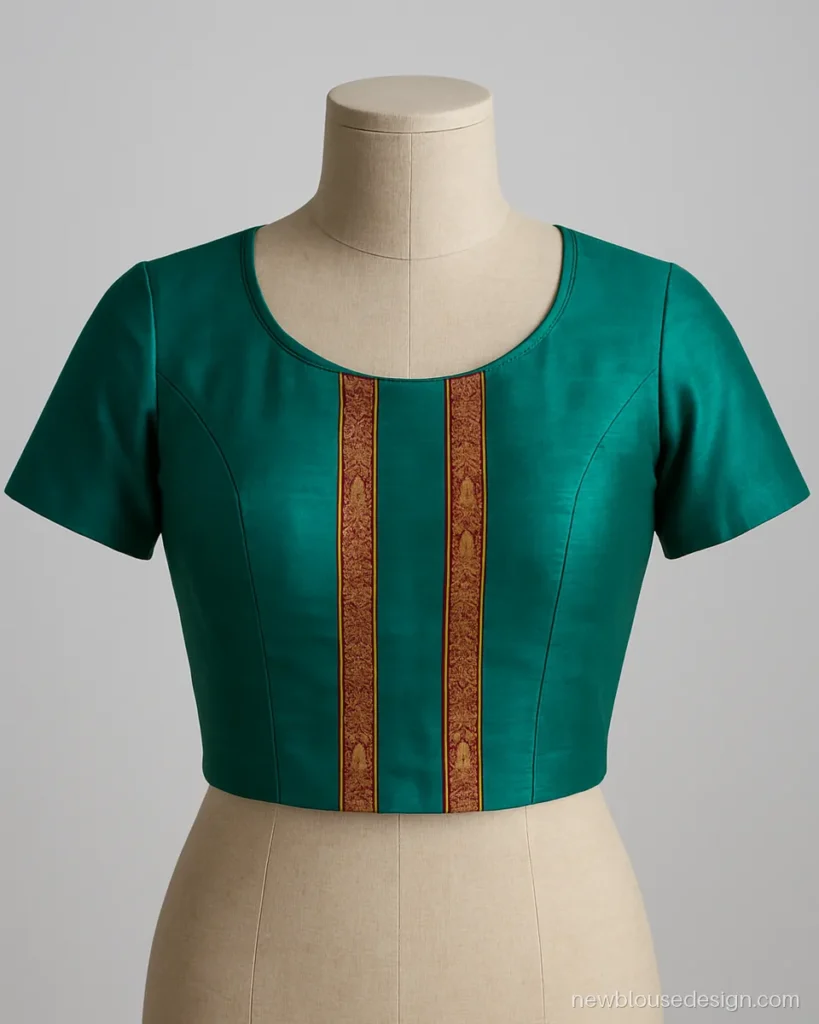 Teal kathpadar blouse front with princess seams and vertical border panels