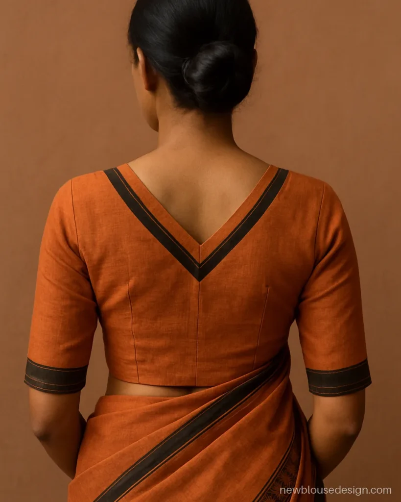 Orange cotton blouse back with border pieces set in a V chevron