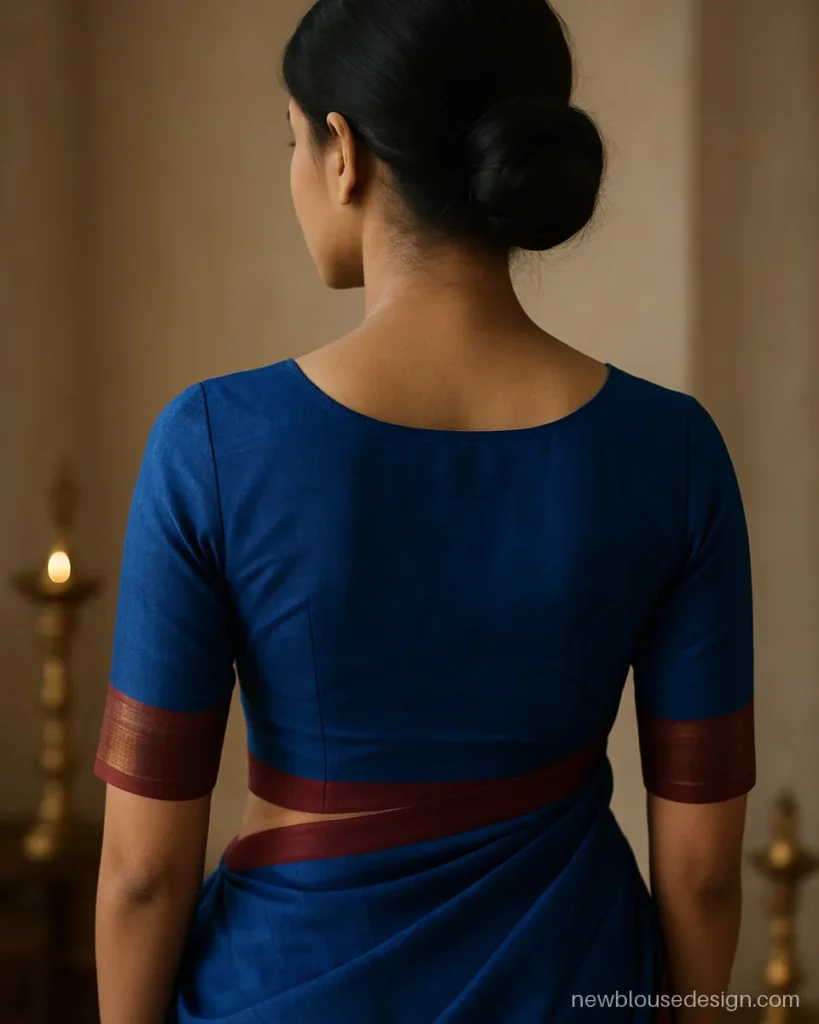 Blue kathpadar blouse back with border running along the lower hem