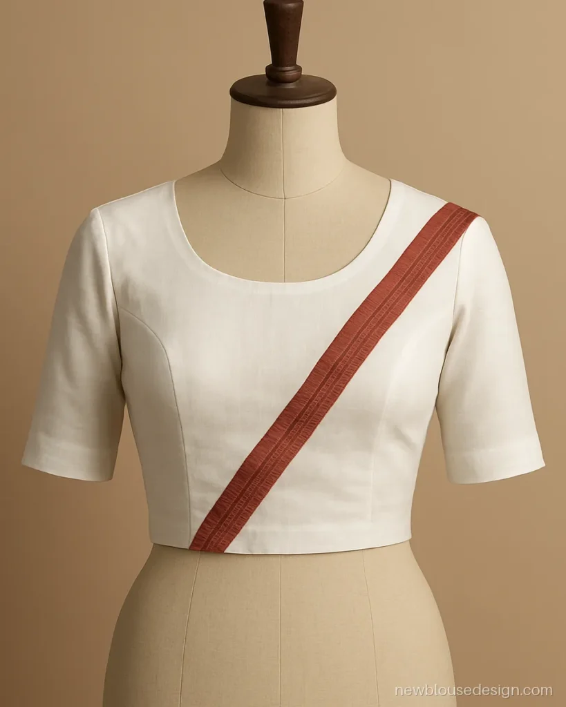 White cotton blouse with kathpadar border placed diagonally across the front