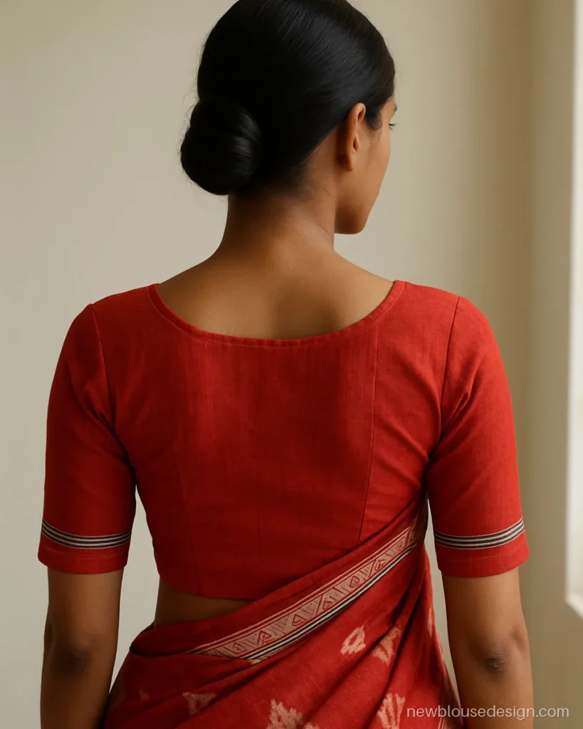 Red kathpadar blouse with border strips along the shoulder line