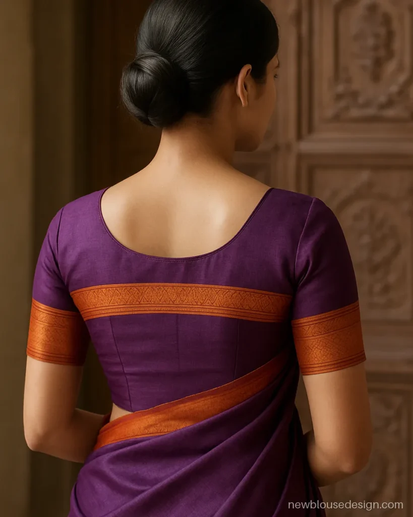 Purple kathpadar saree blouse back design with border yoke across shoulders
