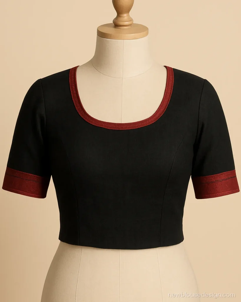 Black kathpadar saree blouse front with red temple border on round neck