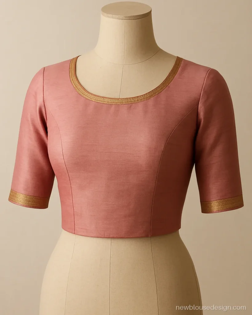 Pink kathpadar silk blouse matching the saree body with a narrow gold border