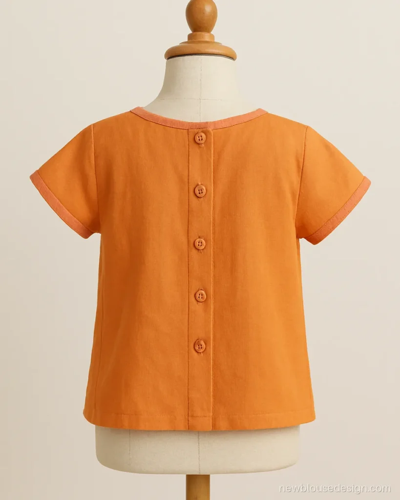 Back side children blouse design in orange cotton with button placket and pink piping