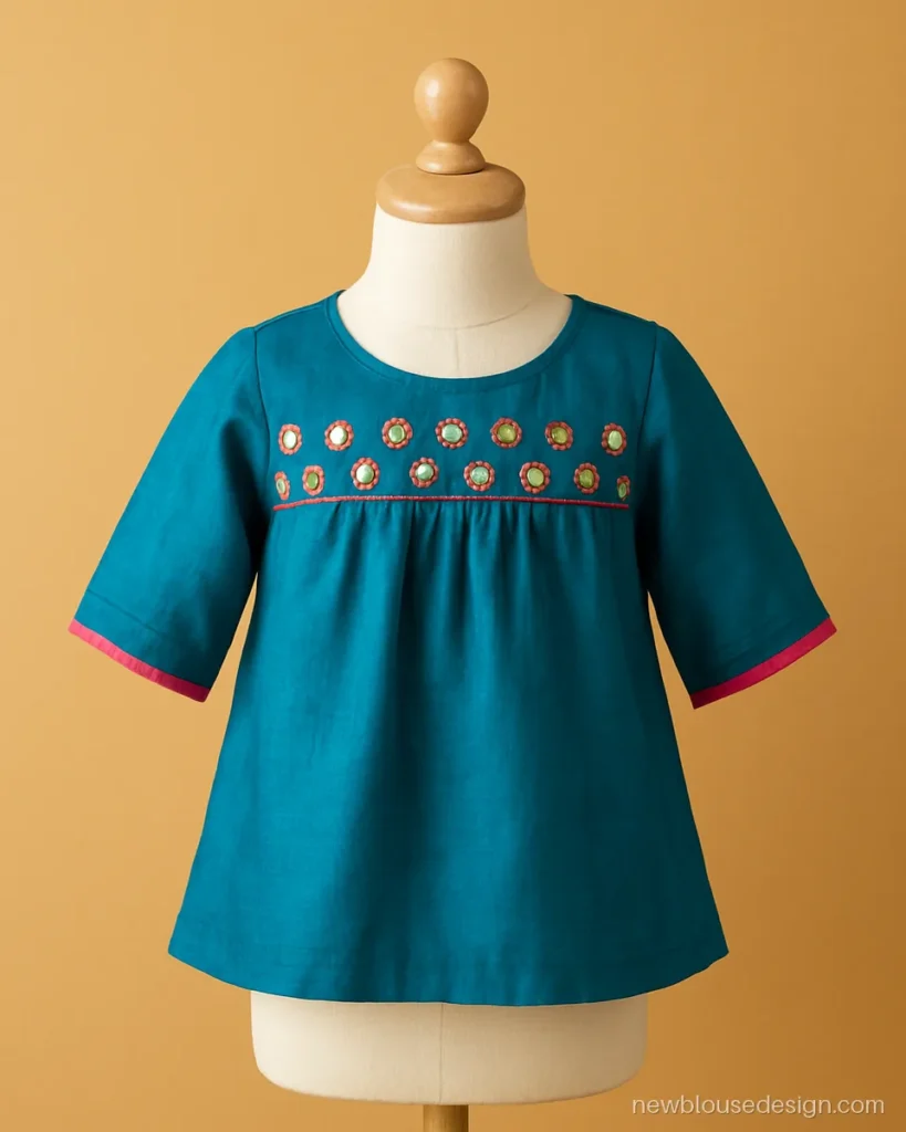 Peacock blue kids blouse with small mirror work yoke and elbow sleeves