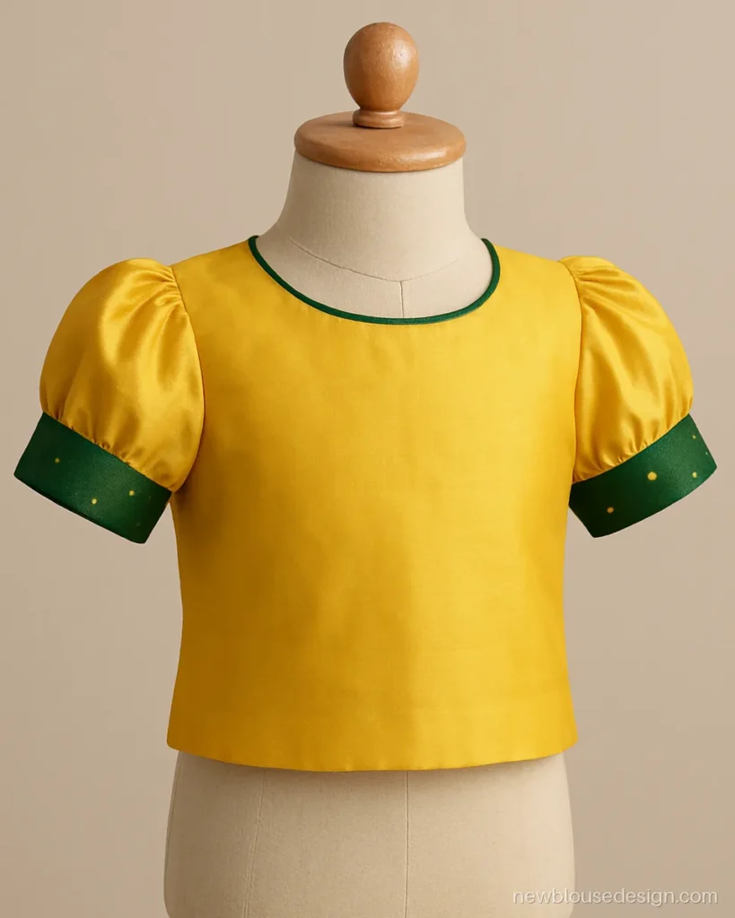 Kids langa blouse design in yellow silk with green border puff sleeves