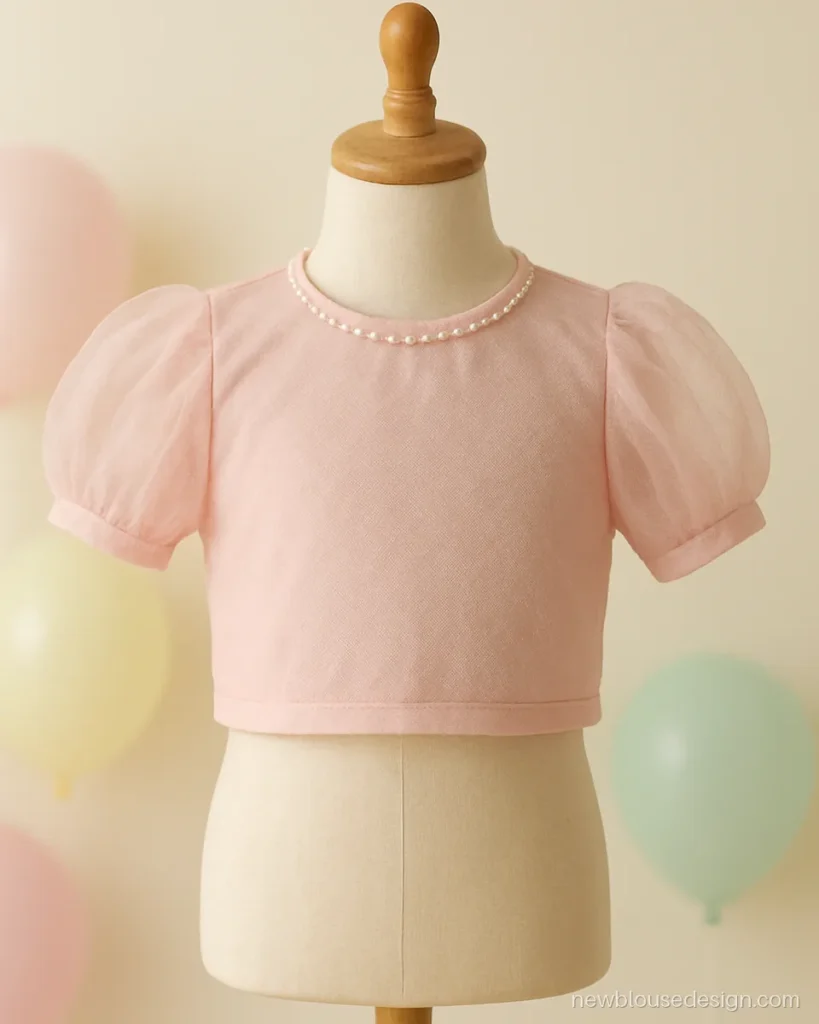 Baby pink net blouse design for a baby girl lehenga with puff sleeves and pearl neck