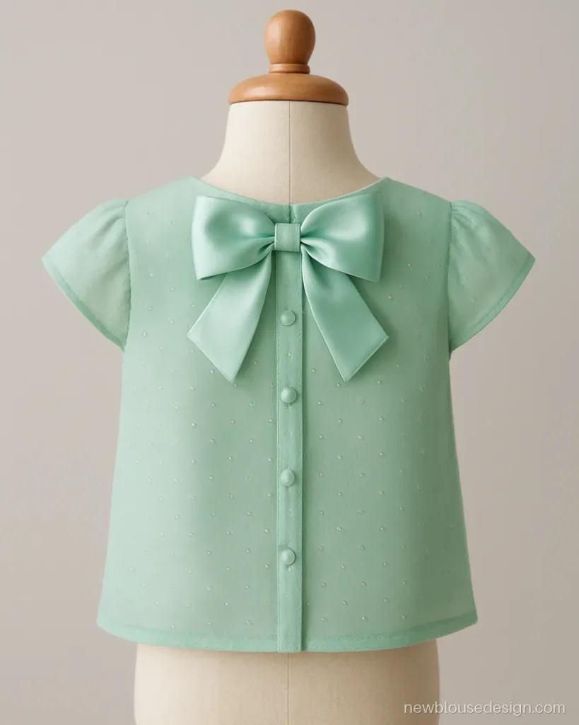Kids lehenga blouse design back in mint with tiny sequins and a satin bow