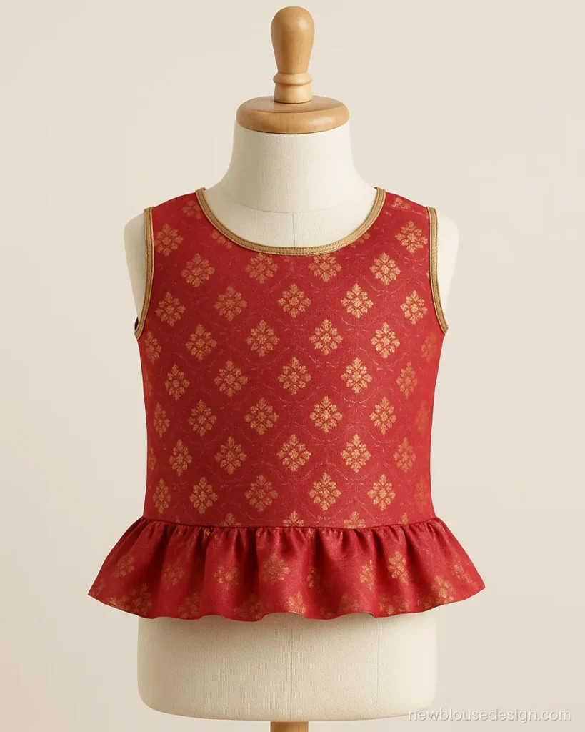 Red brocade sleeveless choli for kids with a small frill at the hem