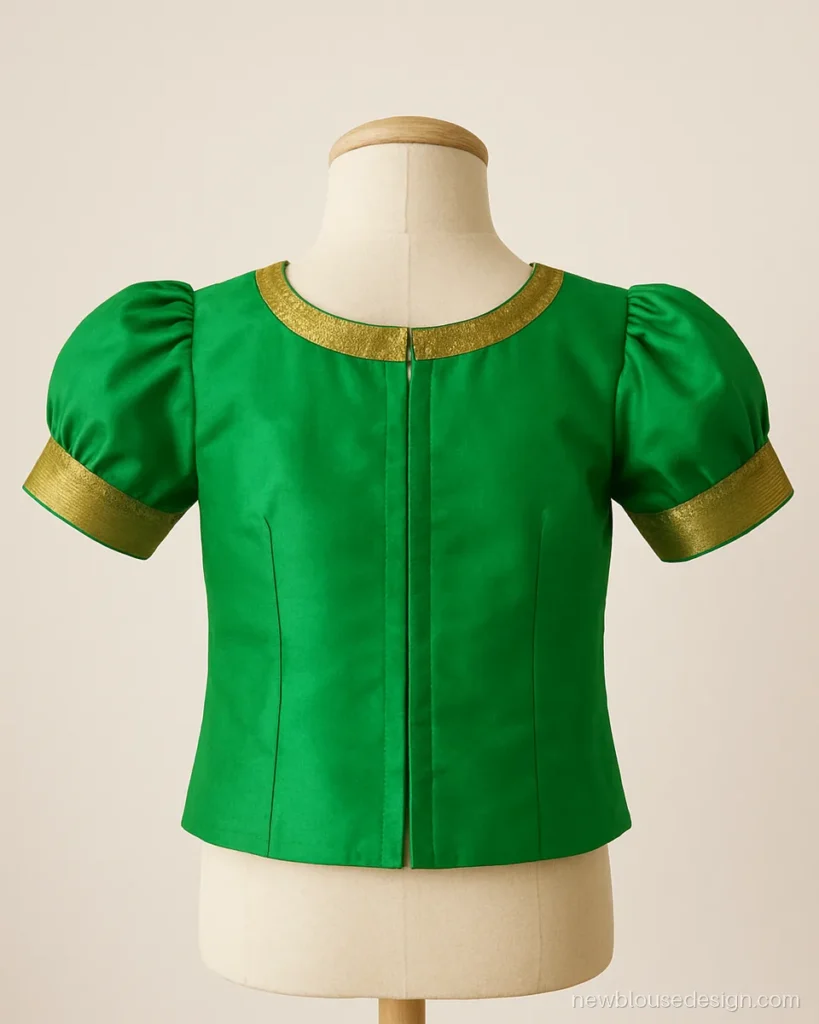 Green silk pattu blouse back with gold zari border and a soft back zip