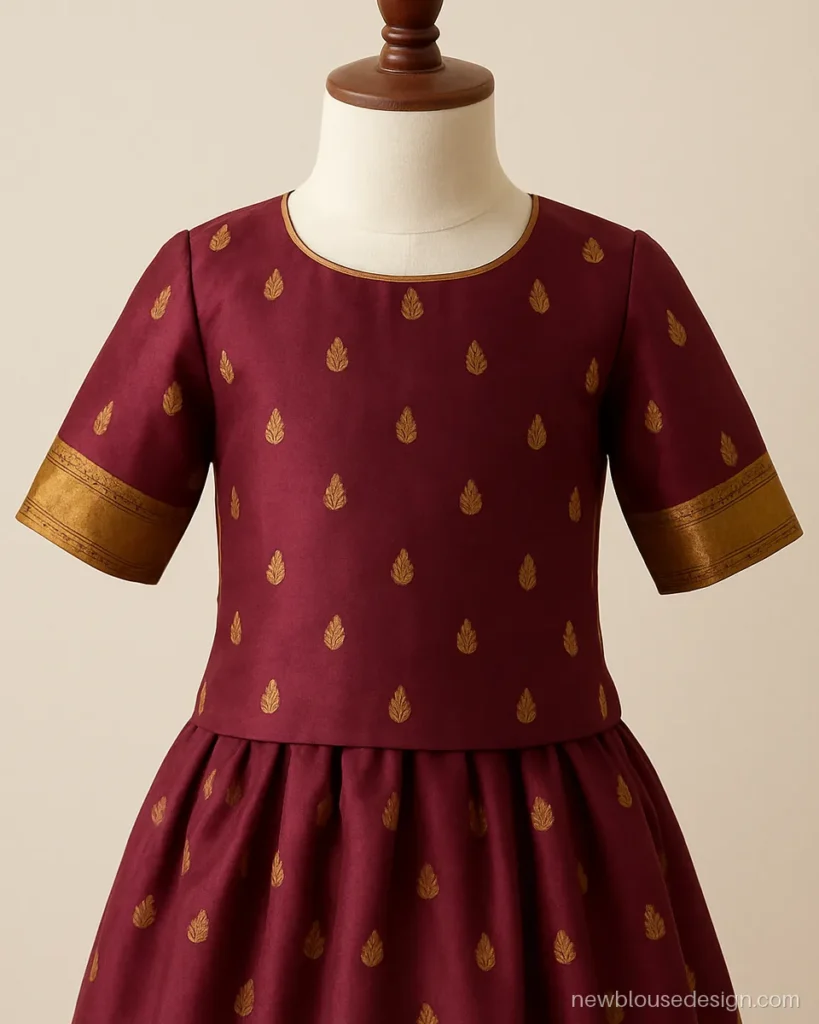 Maroon silk kids blouse with mango butta motifs and elbow sleeves