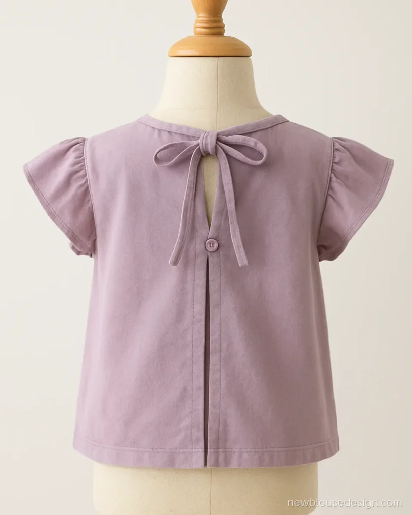 Lavender cotton kids blouse back with soft fabric ties tied in a bow