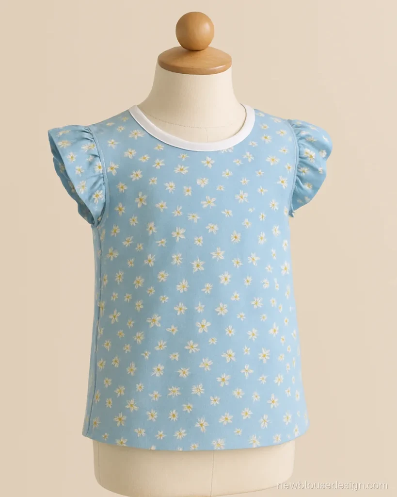 Sky blue floral print kids blouse with frill sleeves and a round neck