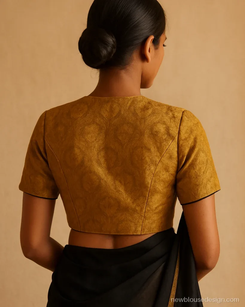 Half jacket blouse design back in mustard brocade over a plain black blouse