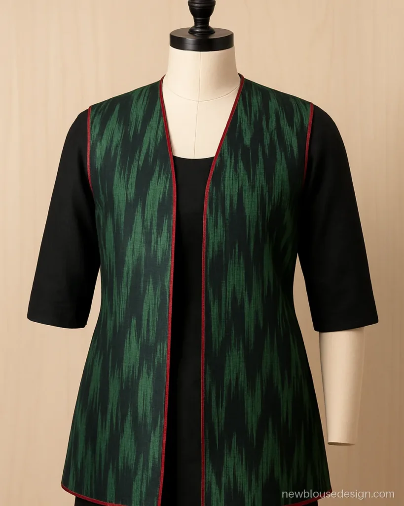 Long koti blouse design in green ikat with sleeveless cut and thread border