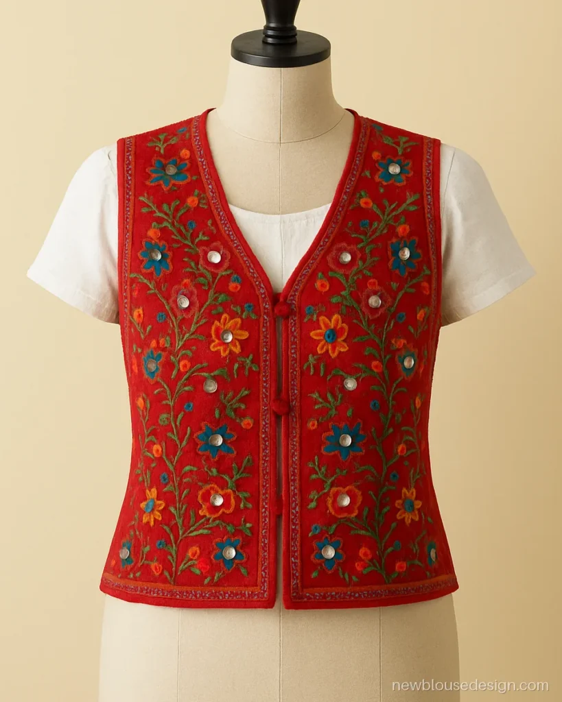 Koti wala blouse design in red cotton with mirror work koti over a white blouse