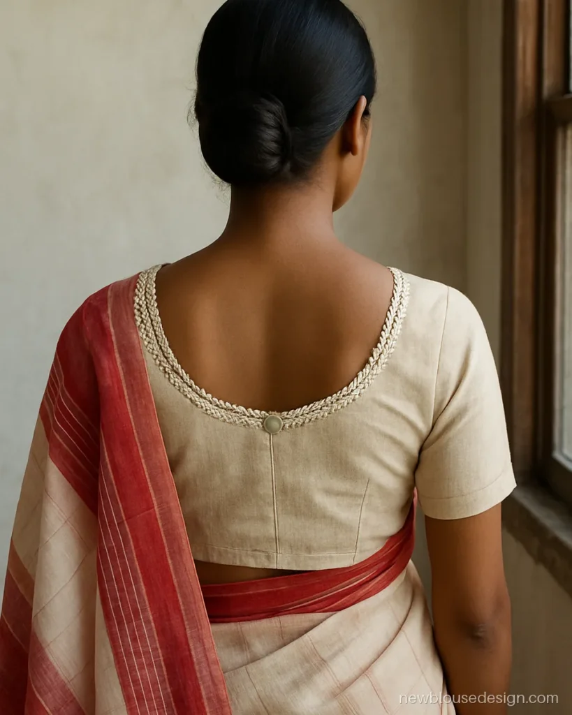 Cream cotton blouse with crochet lace on a U back neck and a cloth button