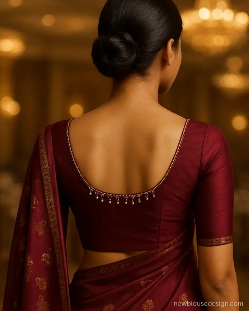 Wine silk blouse back with hanging pearl lace along a deep round neck