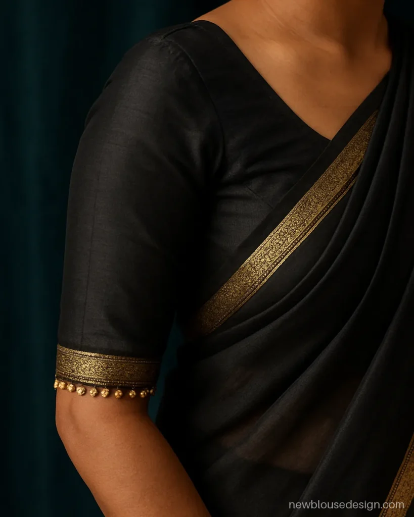Black blouse with jhalar lace on three-quarter sleeves and a plain round neck