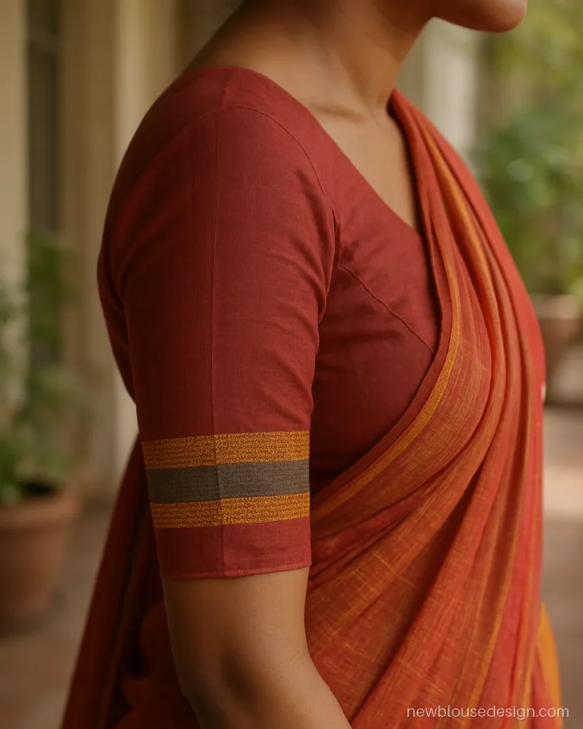 Red cotton blouse with saree border patches stitched on the sleeves