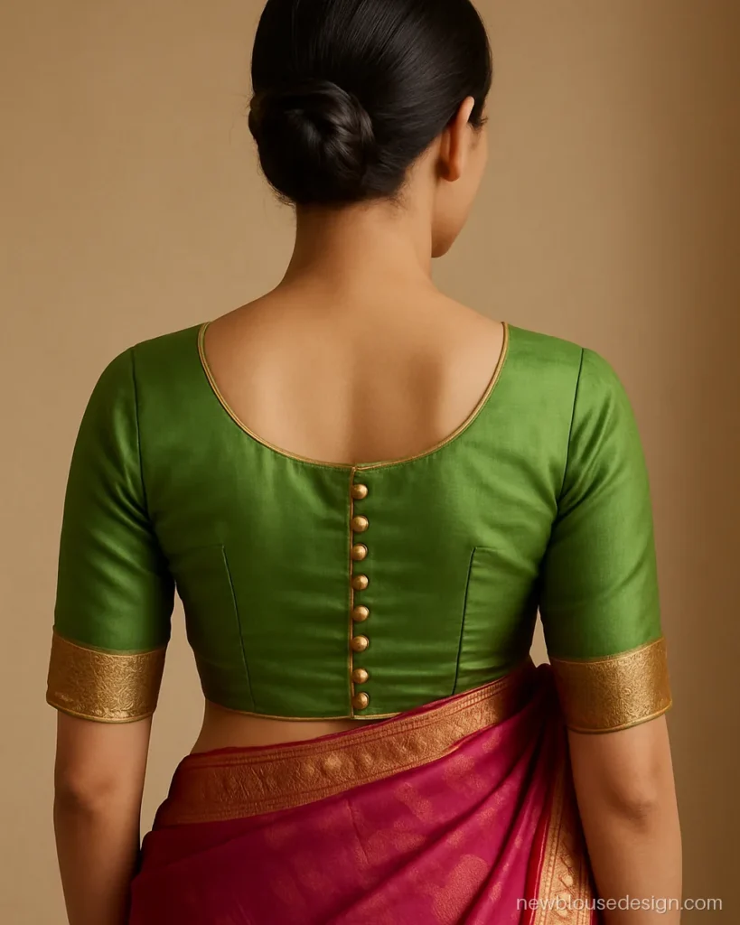 Green blouse back with gold piping and a row of potli buttons
