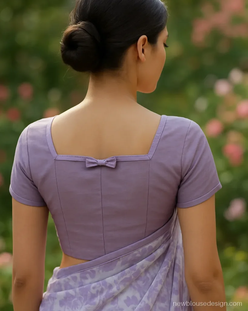 Lilac cotton blouse back design with ribbon lace and a satin bow at the square neck