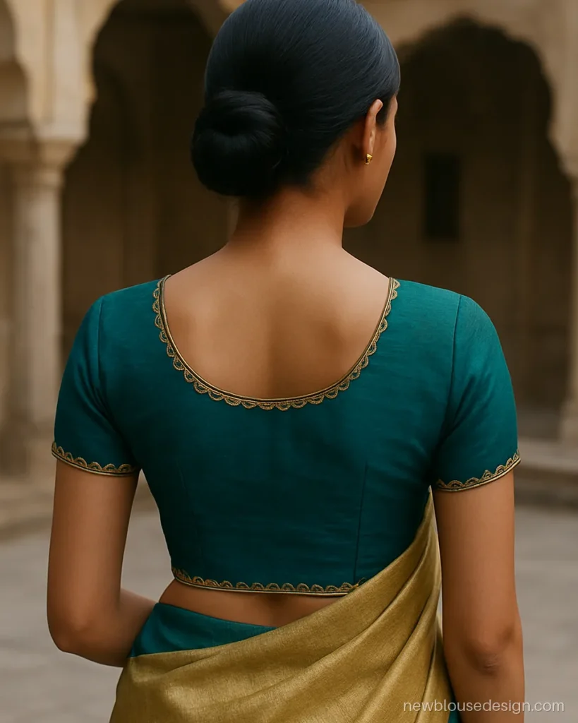 Scallop design blouse back side in teal with scallops on neck and waist hem