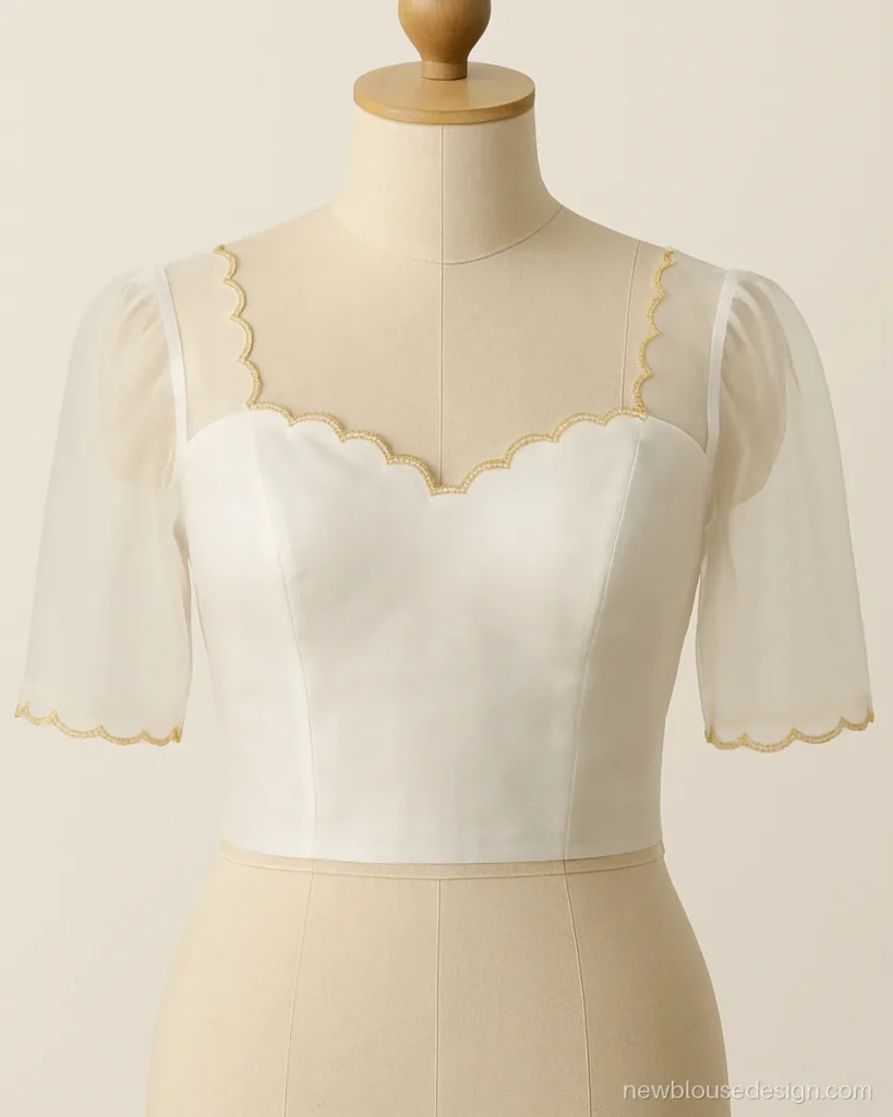 Scallop design blouse in white organza with a scalloped sweetheart neck