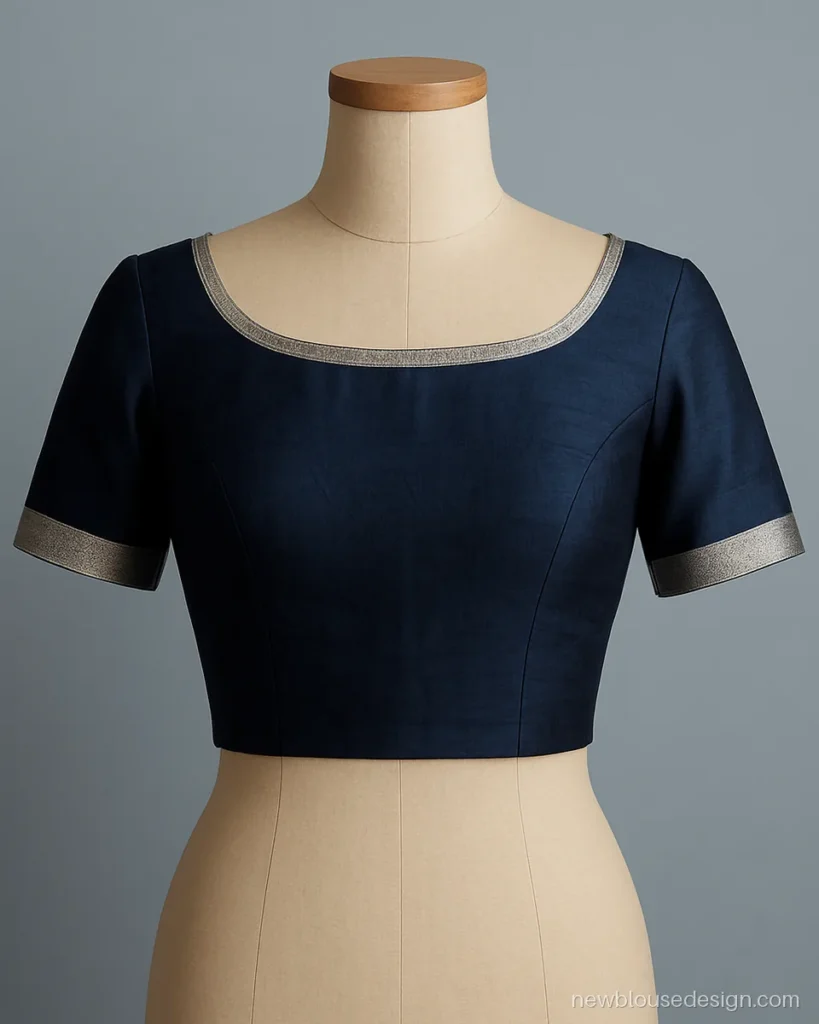 Navy blue boat neck blouse with silver zari border on neck and short sleeves