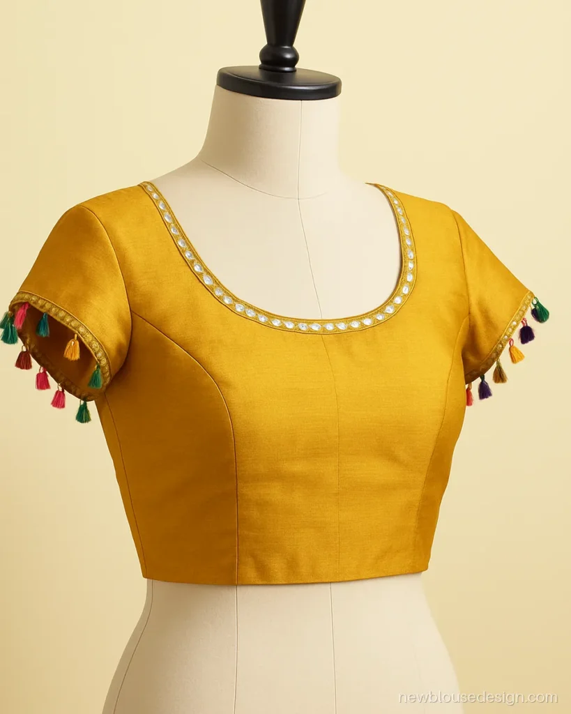Mustard yellow blouse with short cap sleeves edged with tassel lace