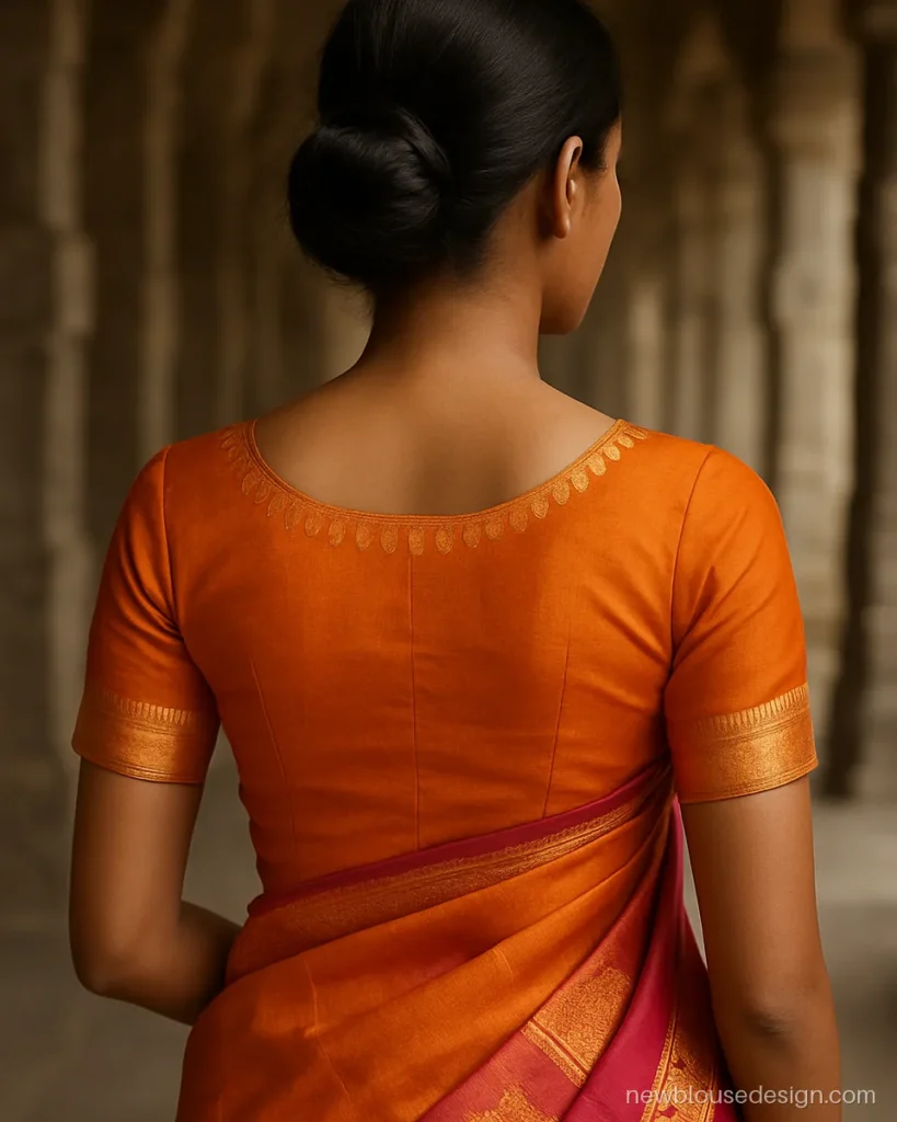Temple design blouse back in orange silk with a temple border around the round neck