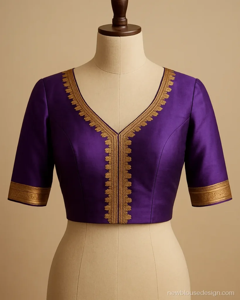 Purple blouse with a temple cut V neck and gold border panels on the front