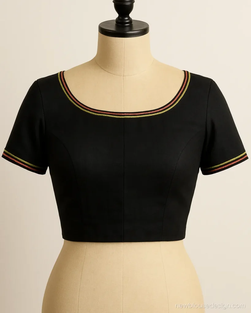 Black cotton boat neck blouse with three rows of red, gold and green piping