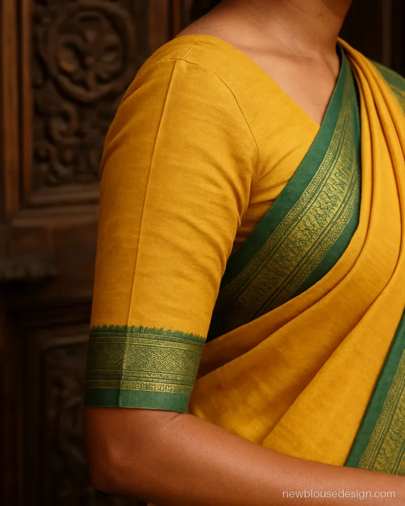 Border saree blouse design in yellow with a wide woven border on three-quarter sleeves