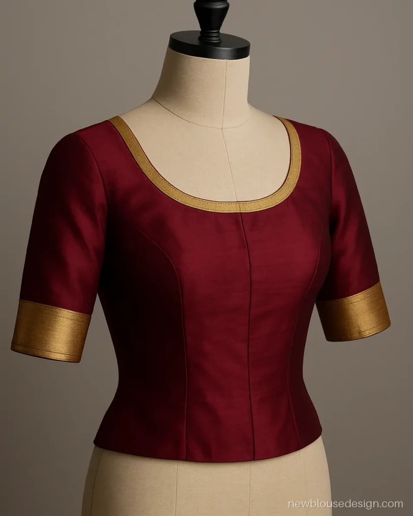 Maroon silk blouse with a wide zari border on elbow sleeves and thin zari on the neck