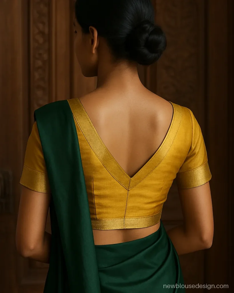 Back side of a mustard blouse with a zari border following a V neck and hem