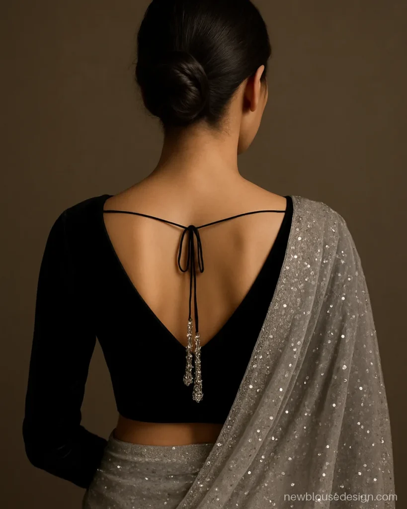 Black velvet blouse V back with crystal bead drop latkans