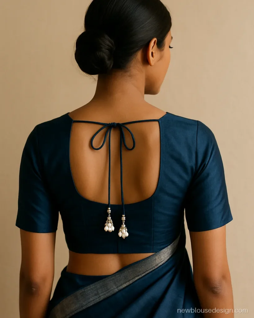 Navy silk blouse with two dori ties across an open back and pearl latkans