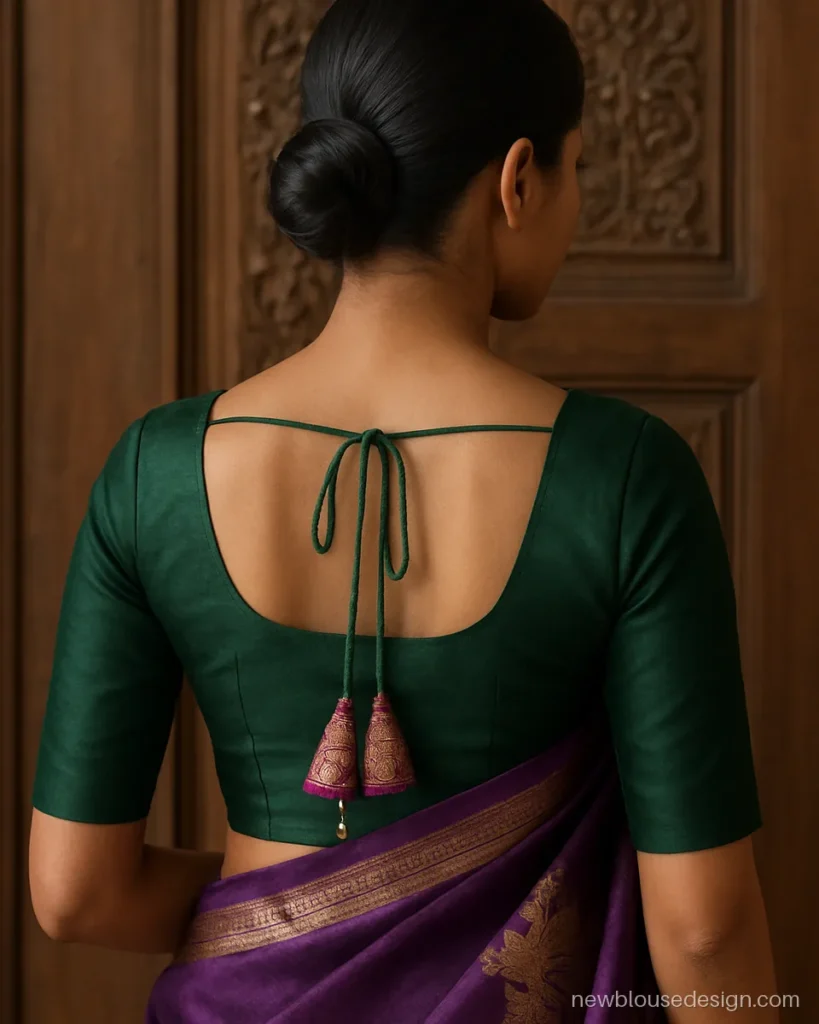 Green silk blouse with latkans made from leftover Paithani border strips