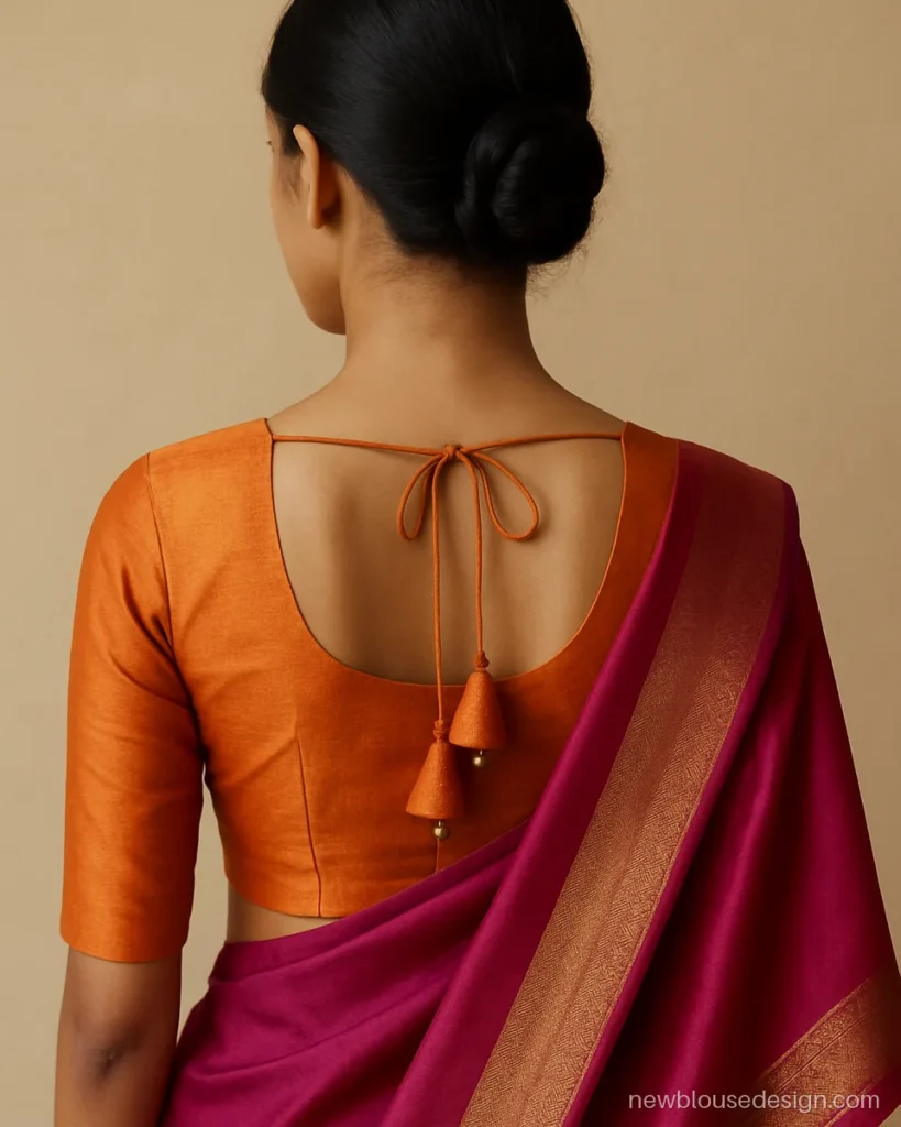 Orange silk blouse back with round neck and fabric cone latkans on the dori