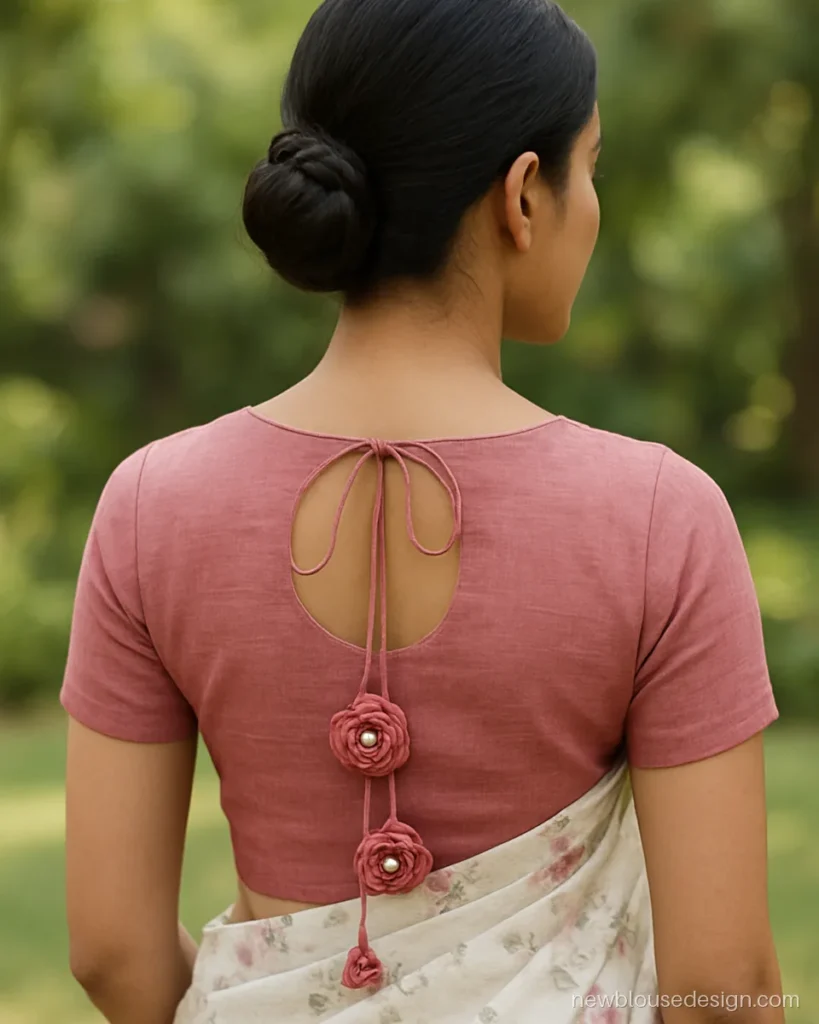 Pink cotton blouse back keyhole with handmade fabric flower latkans