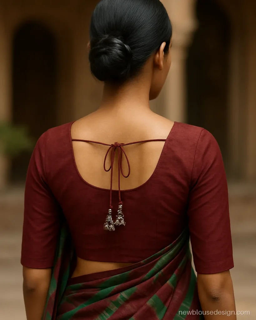 Maroon cotton silk blouse back with silver ghungroo latkans on the dori