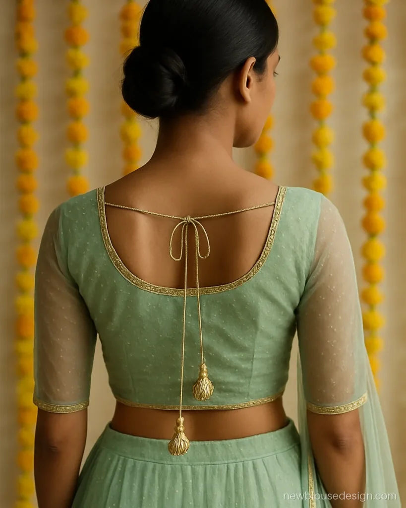 Mint net lehenga blouse back with gold metal shell latkans and sequin border