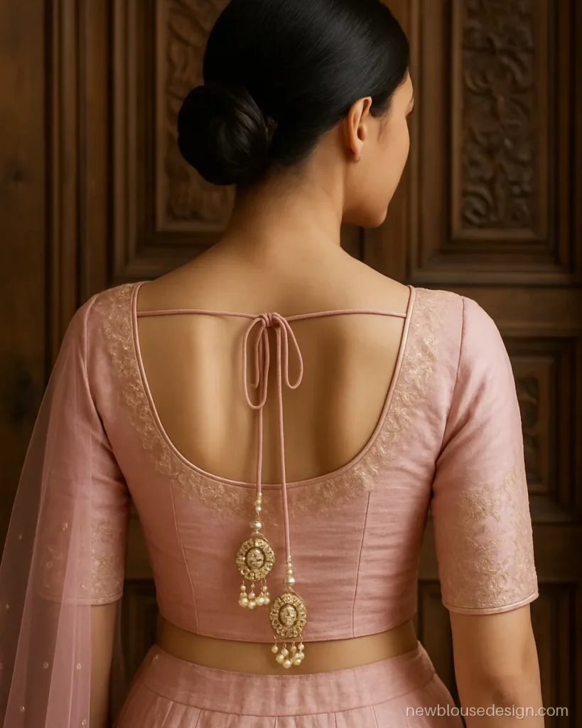 Pink raw silk lehenga blouse back with kundan and pearl latkans